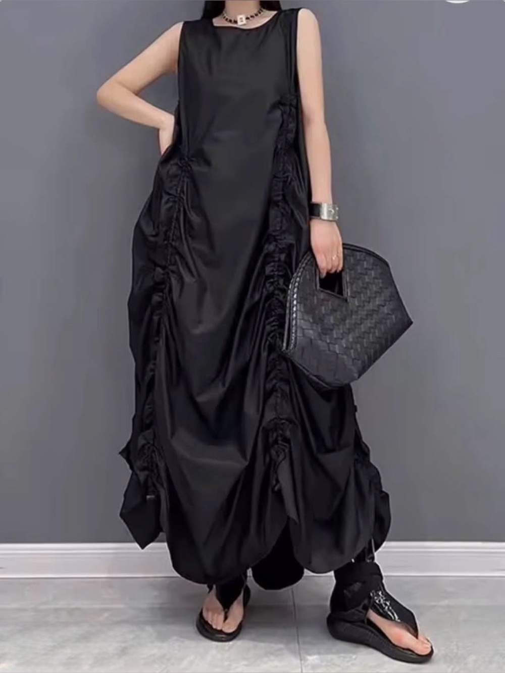 Black Parachute Ruched Dress